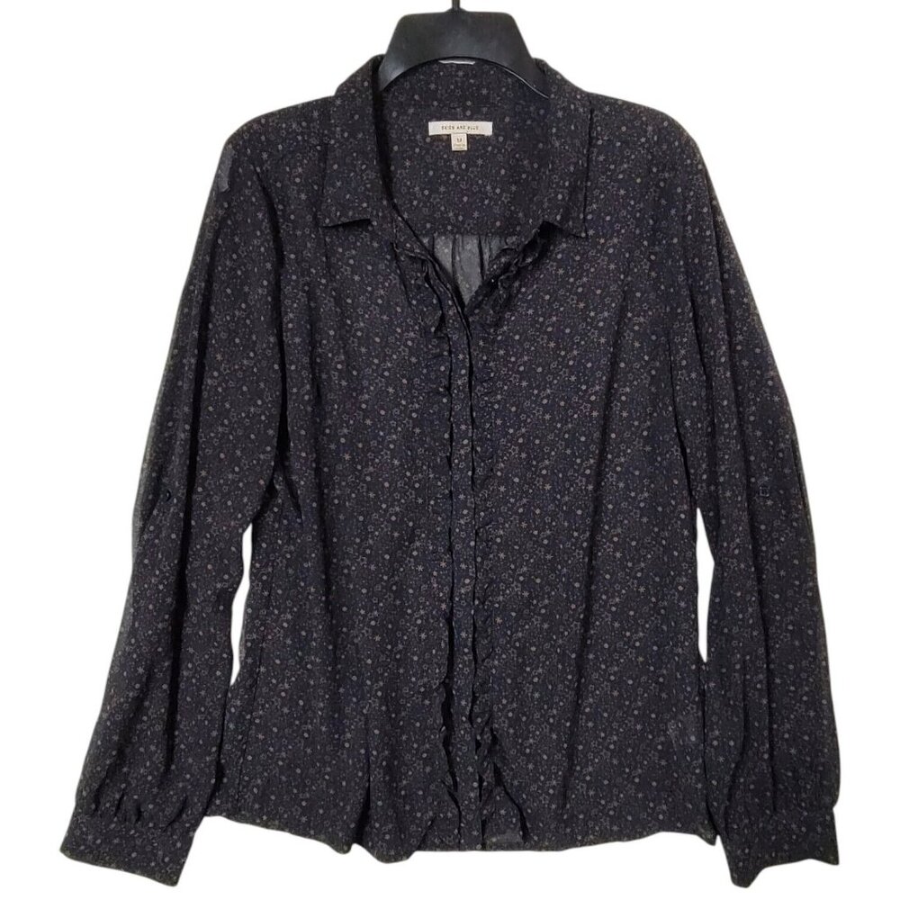 Skies Are Blue Ruffle Front Button Up Shirt Stars Print Long Sleeves Size Medium